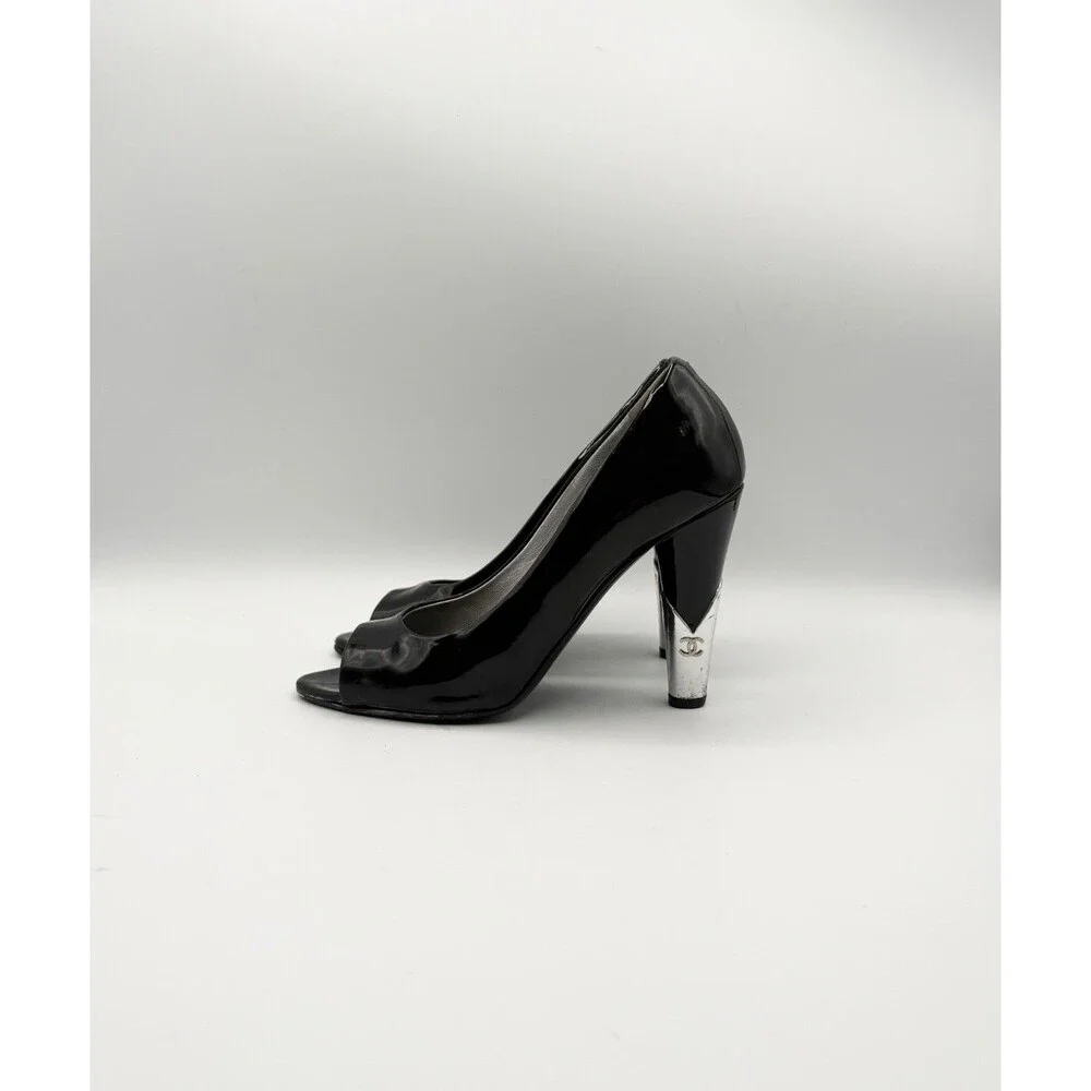 Chanel Black Patent Leather Peep Toe Pumps  Silver CC Logo Heel Size EU 36